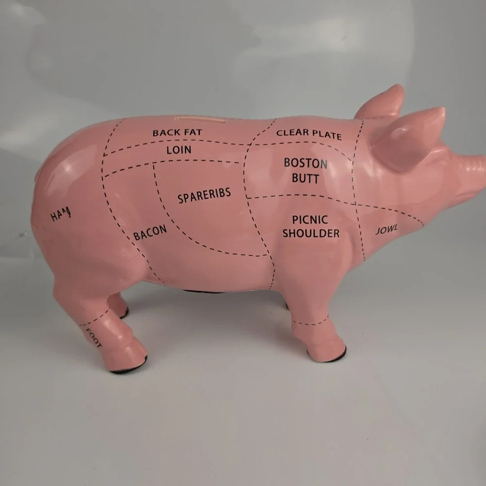 Pink Ceramic Pig Coin Bank Butcher Diagram Pork Cuts Kitchen Farmhouse